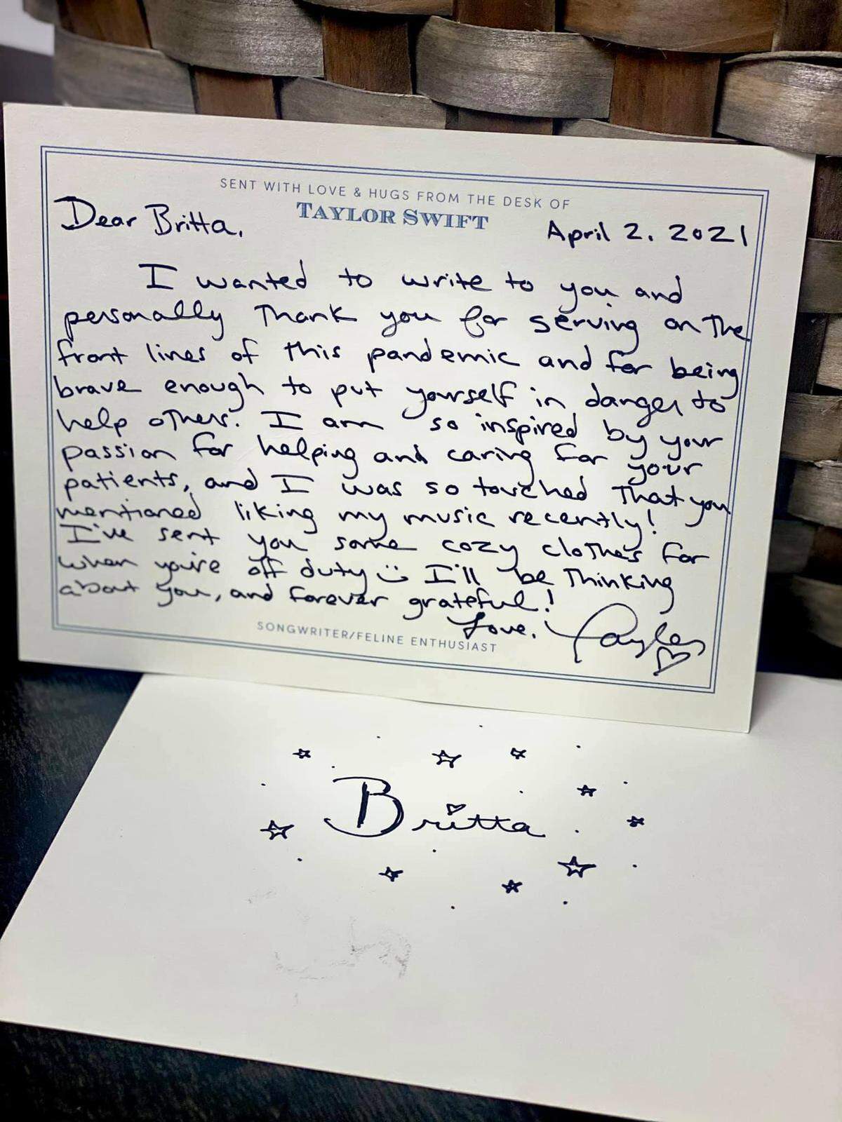 Britta Thomason, a Dublin flight nurse, was recently sent a box of merchandise and a handwritten note from Taylor Swift.