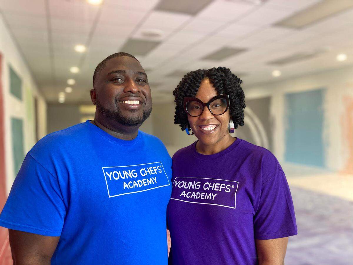 Daphne and Tarell Register, owners of the Young Chefs Academy franchise opening in Warner Robins, inside their new space about to undergo transformation into a cooking school for children.