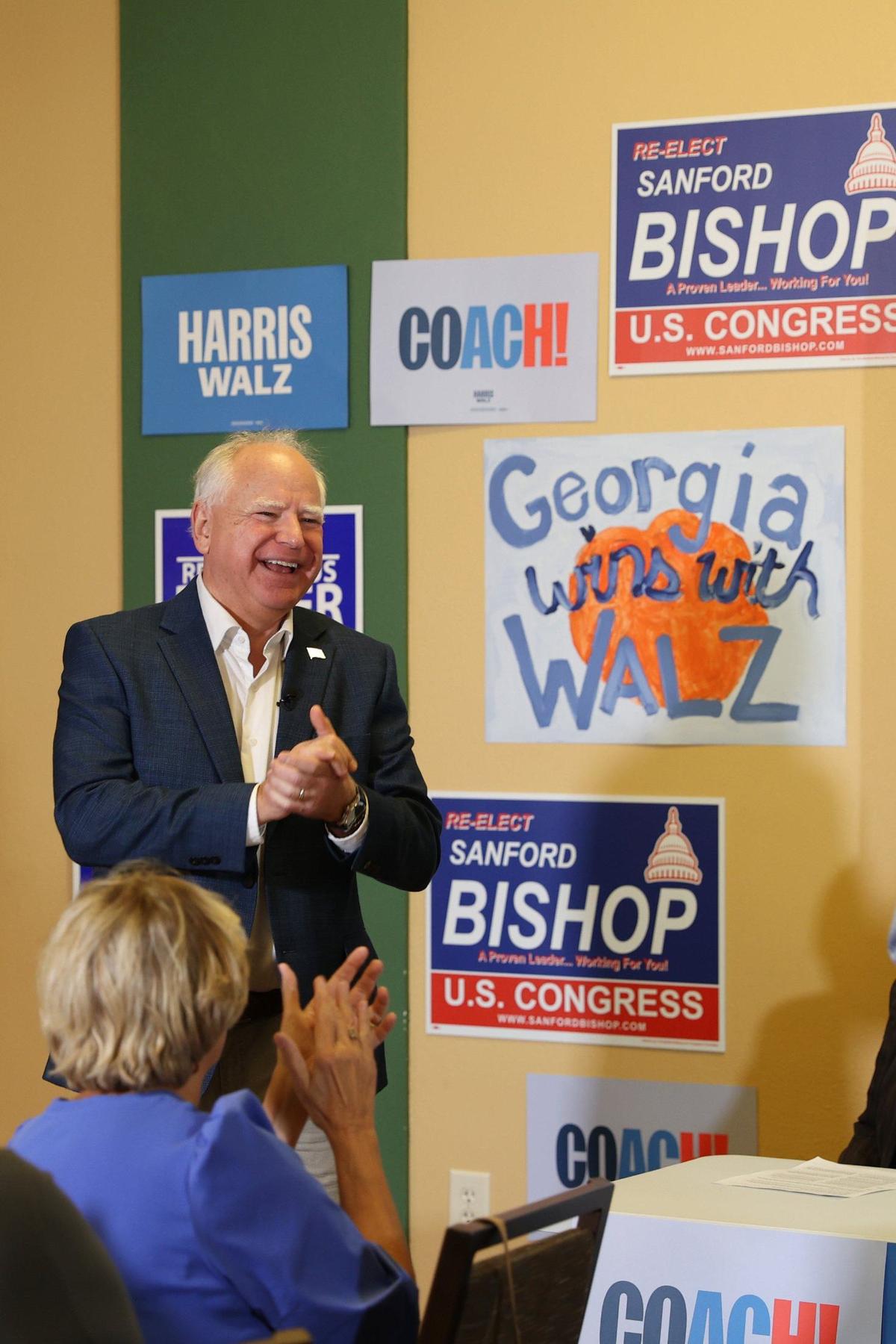 Minnesota governor and Democratic vice presidential candidate Tim Walz speaks to a crowd of supporters and phone bankers at the Macon Bibb County Democratic Committee office on Tuesday, Sept. 17, 2024, in Macon, Georgia. Walz visited the office on National Voter Registration Day and spoke on the phone with potential Middle Georgia voters as a part of his Macon campaign stop.