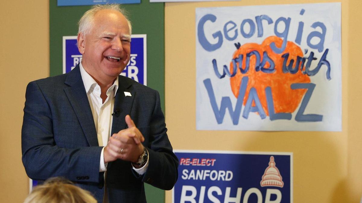 Minnesota governor and Democratic vice presidential candidate Tim Walz speaks to a crowd of supporters and phone bankers at the Macon Bibb County Democratic Committee office on Tuesday, Sept. 17, 2024, in Macon, Georgia. Walz visited the office on National Voter Registration Day and spoke on the phone with potential Middle Georgia voters as a part of his Macon campaign stop.