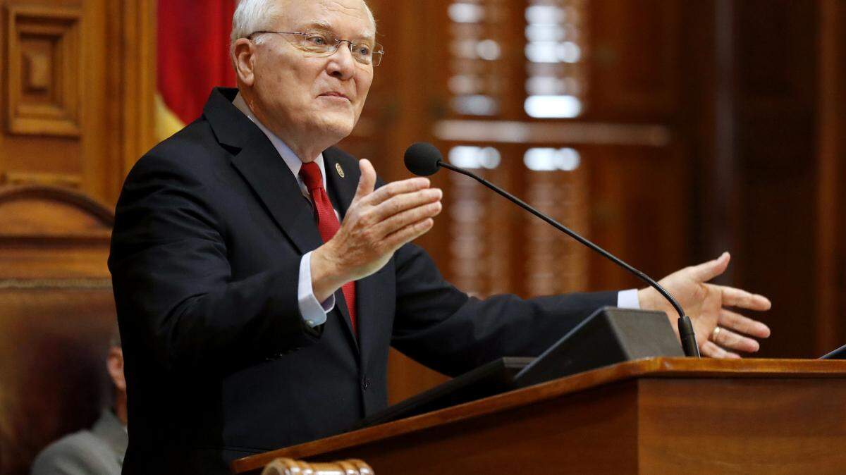 Georgia Gov. Nathan Deal delivers the State of the State address on the House floor at the state Capitol in Atlanta, Thursday, Jan. 11, 2018.