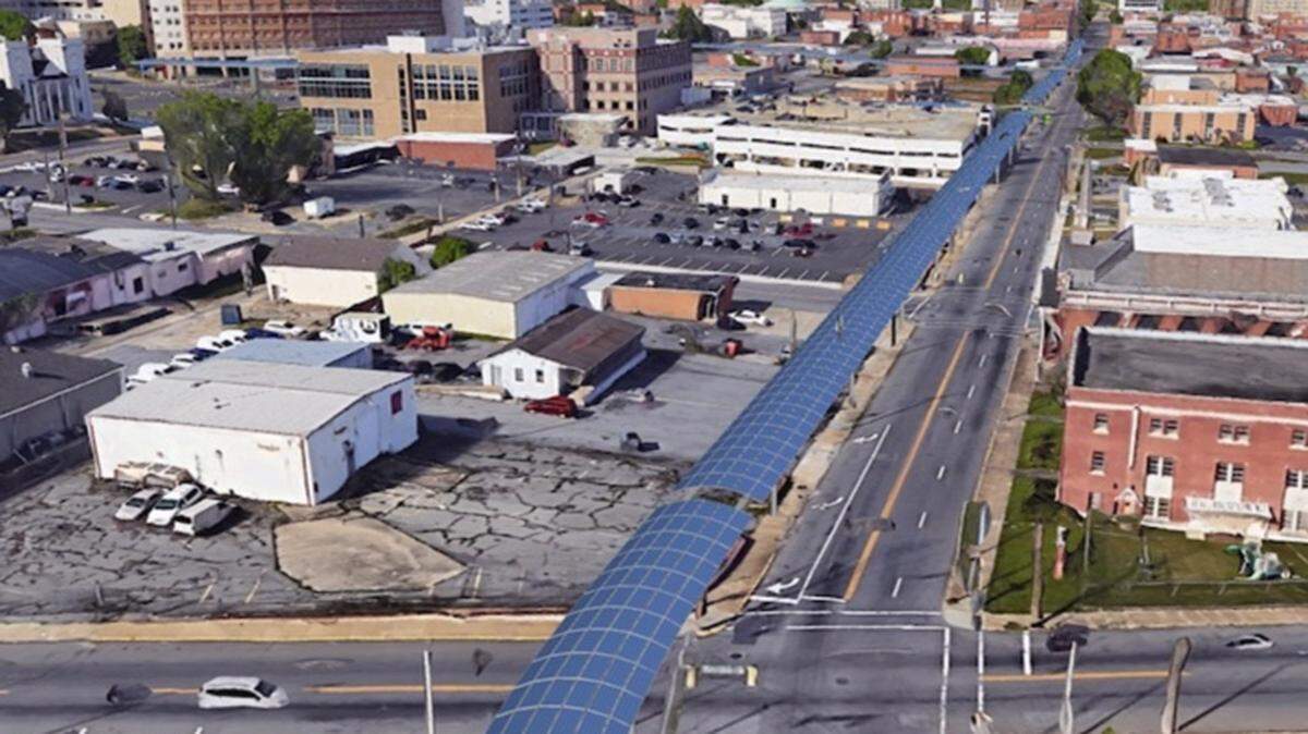 Georgia Mobility Solutions posted online a design mockup of the JPods system linking downtown, Atrium Heath Navicent The Medical Center, Mercer University and Macon Mall. Solar panels would power the network, which would run around the clock.