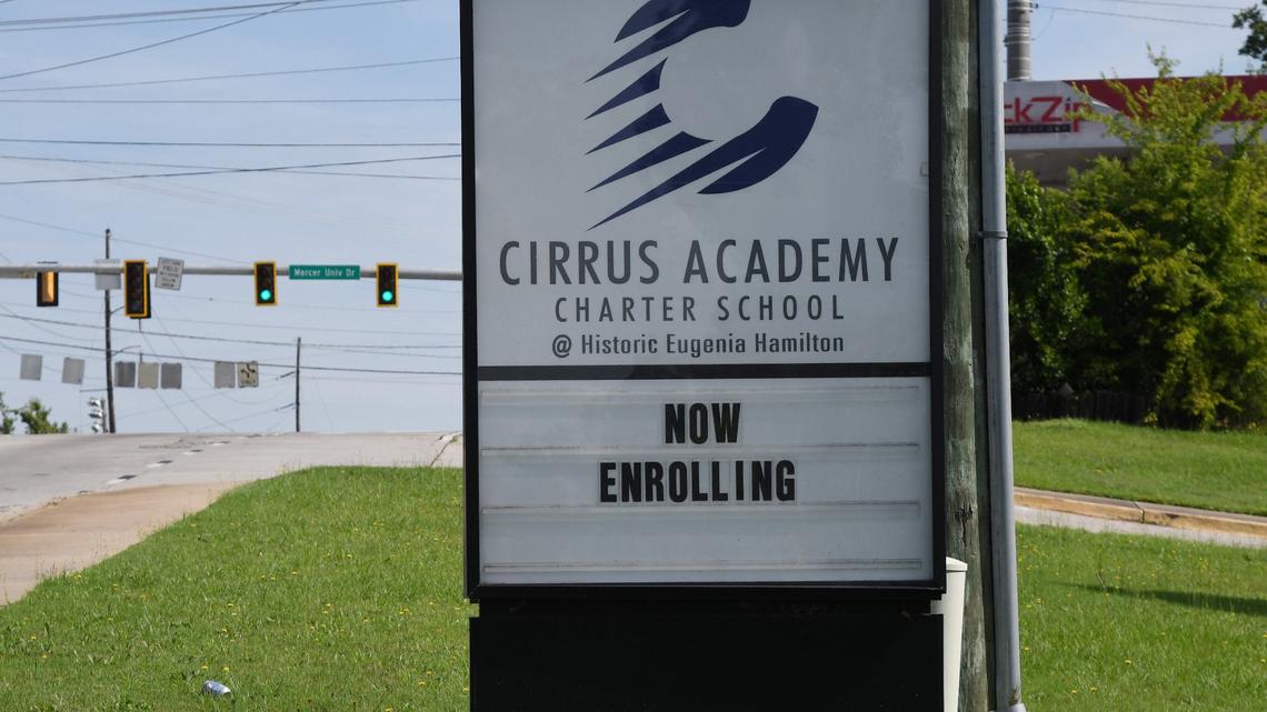 A sign for Cirrus Academy Charter School sits off of Pio Nono Avenue on Wednesday, July 24, 2024, in Macon, Georgia.