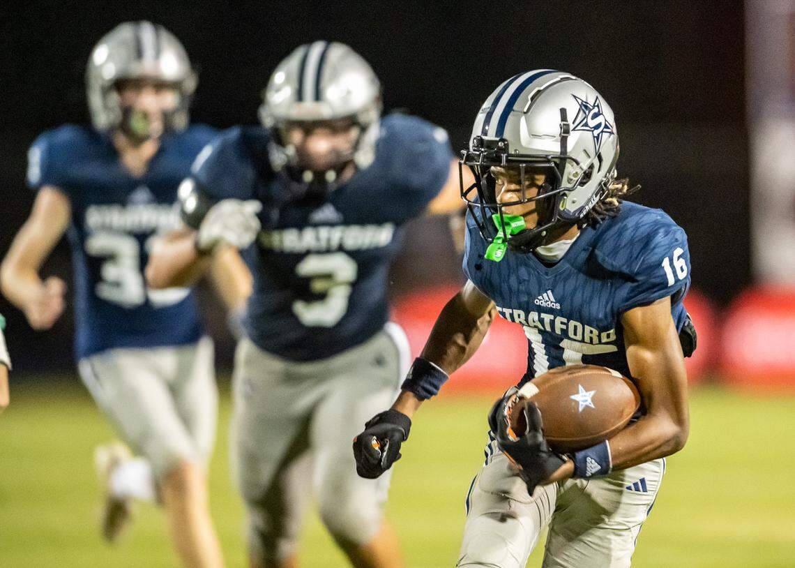 Stratford running back Jayshon Williams (16) runs for a first down In Stratford’s season opening win over Westfield Friday evening.