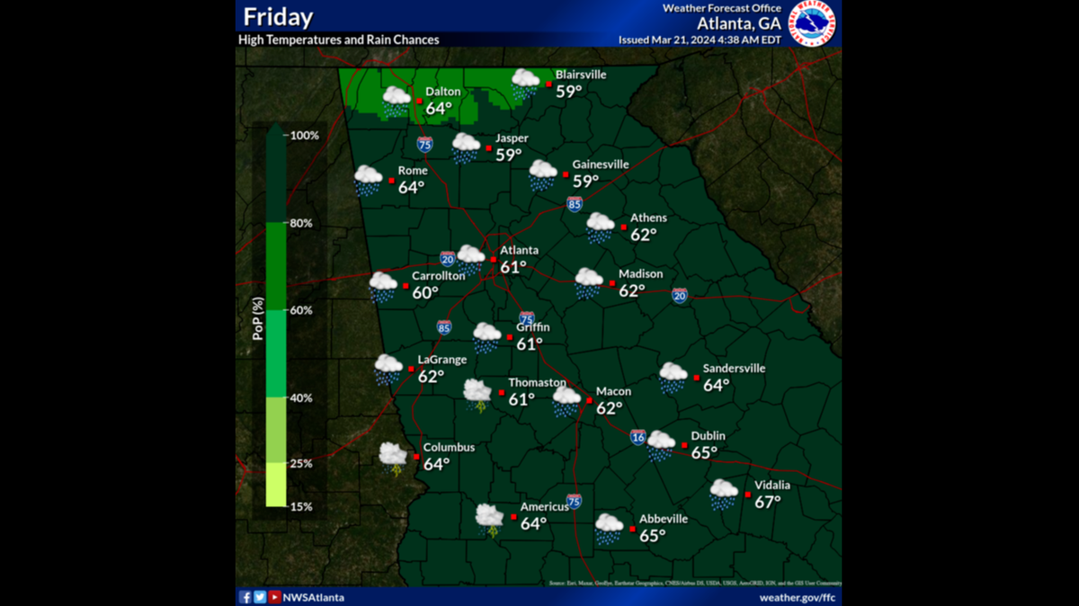 The National Weather Service in Atlanta says heavy rain will hit Macon and other areas Friday. Due to the weather, the Cherry Blossom Festival is canceling events Friday.