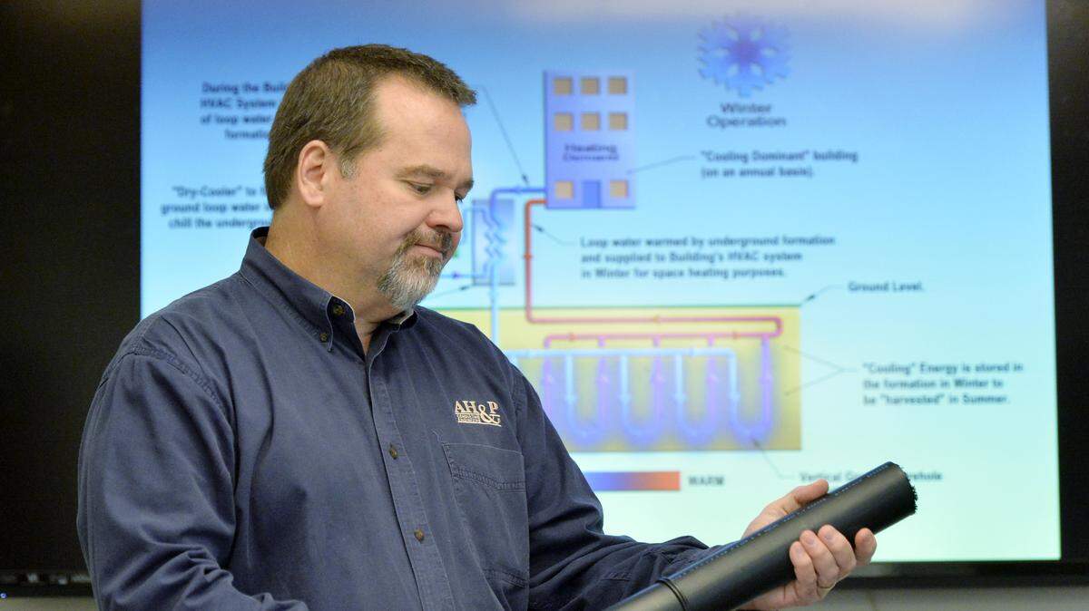Engineer Chuck Hammock with Andrews, Hammock & Powell holds up a sample of a geothermal pipe while discussing the country's first borehole thermal energy storage system built at the Marines Corps Logistics Base in Albany. A ribbon-cutting for the system is scheduled for Monday. 
