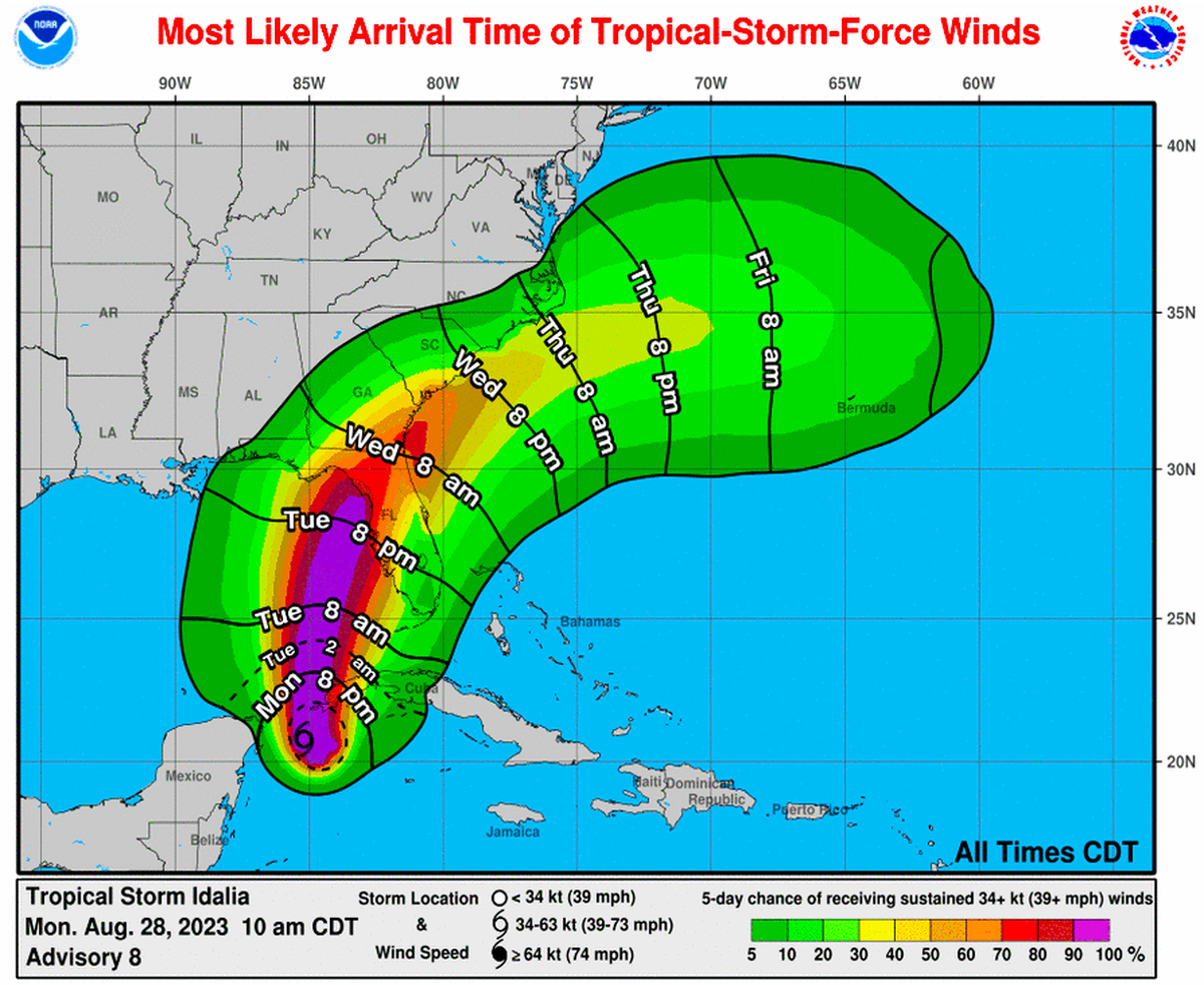 Most likely arrival times of tropical-storm force winds forecast for Tropical Storm Idalia, which on Monday was expected to make landfall in Florida sometime Wednesday, the National Weather Service said.