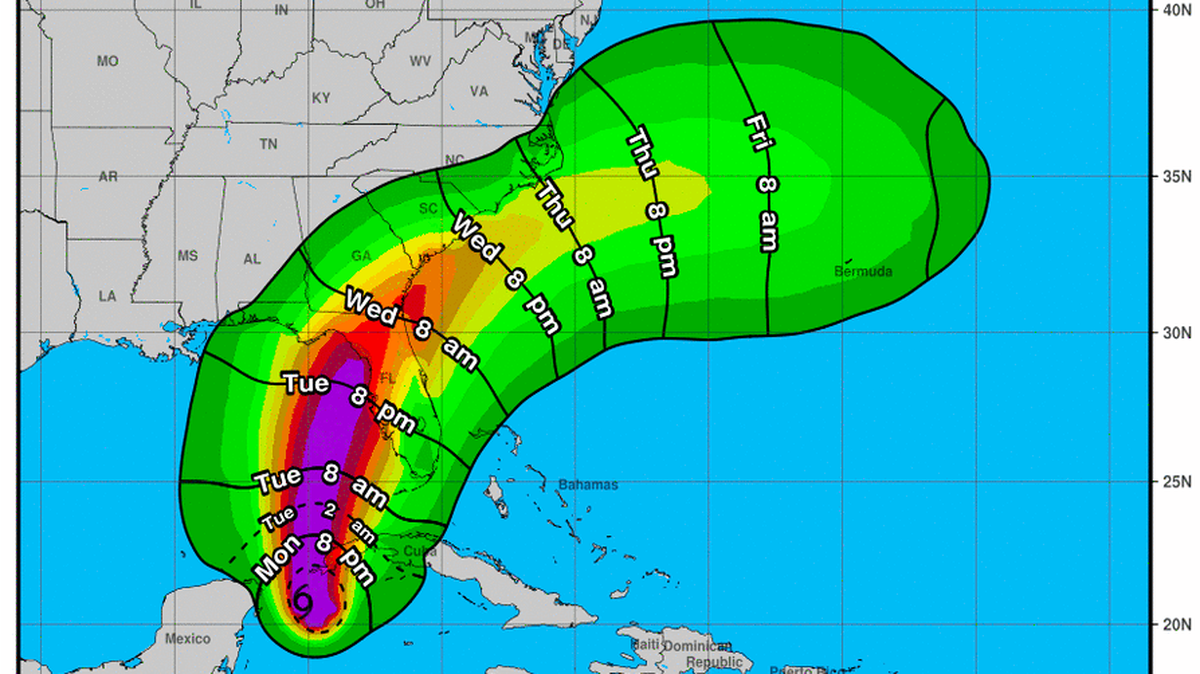 Most likely arrival times of tropical-storm force winds forecast for Tropical Storm Idalia, which on Monday was expected to make landfall in Florida sometime Wednesday, the National Weather Service said.