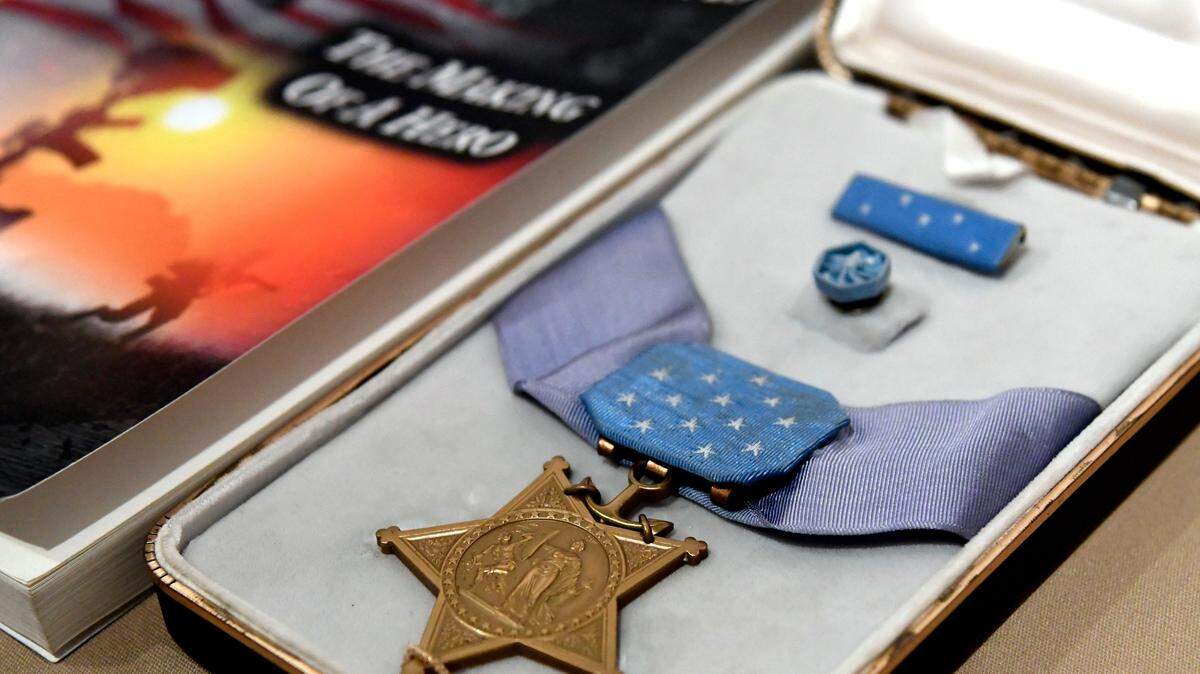 Sgt. Rodney Davis’ Medal of Honor is shown on display at the Tubman Museum in this 2018 file photo.