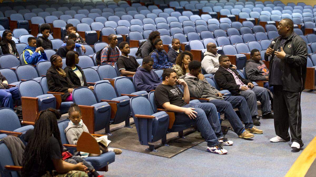 WOODY MARSHALL/THE TELEGRAPH 
 Macon, Georgia, 01/08/2016: 
 Jessie Hicks leads the Central Fellowship of Christian Athletes meeting in the auditorium.