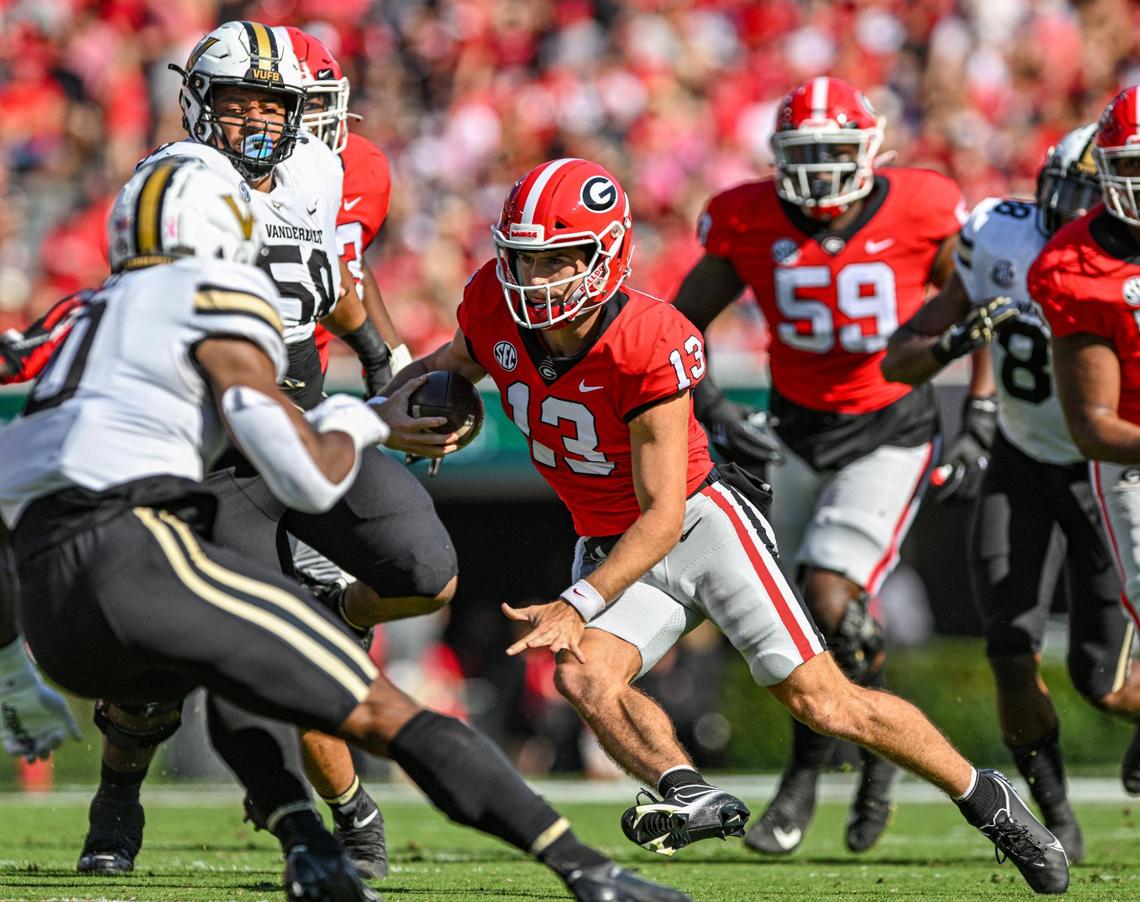 Georgia quarterback Stetson Bennett has led the top-ranked Bulldogs to a 10-0 record entering Saturday’s game at Kentucky.