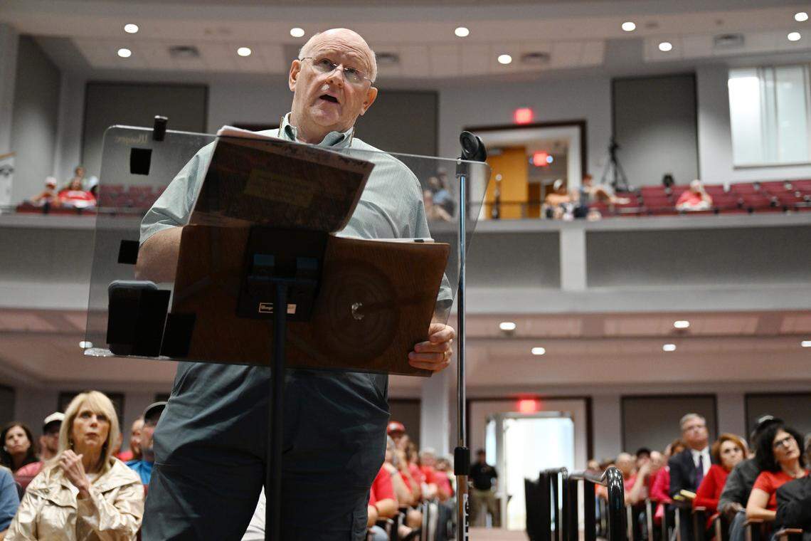 Otis Ingram, who owns part of the over 900 acres in the proposed rezoning, speaks during the Monroe County Board of Commissioners public hearing in favor of the property rezoning for commercial use on Tuesday, August 5, 2025, at the Monroe County Fine Arts Center in Forsyth, Georgia. The board voted unanimously to deny a rezoning request for over 900 acres of land in Bolingbroke to commercial land for a proposed data center.