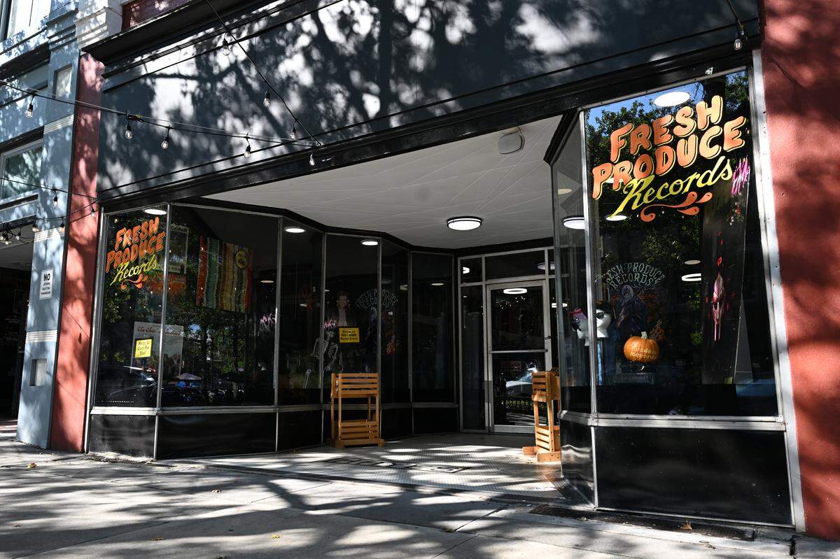 The expanded storefront of Fresh Produce Records sits off Cherry Street Tuesday, Sept. 2, 2025, in downtown Macon, Georgia. The new part of the shop sits next door to the original and features media that was in storage, including CDs, posters, cassettes and other merchandise. 