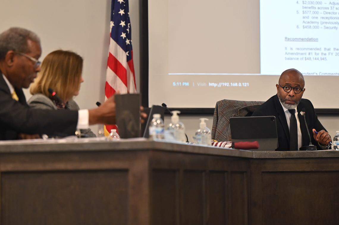 Bibb County School District superintendent Dan Simms listens during discussions about a 2026 budget amendment during the Bibb County Board of Education January meeting on Thursday, Jan. 15, 2026, at the Bibb County Professional Learning Center in Macon, Georgia. The board passed a proposed budget amendment at their January meeting without an unspecified $1.2 million cost reduction and will revisit the reduction next month once there are more details. 