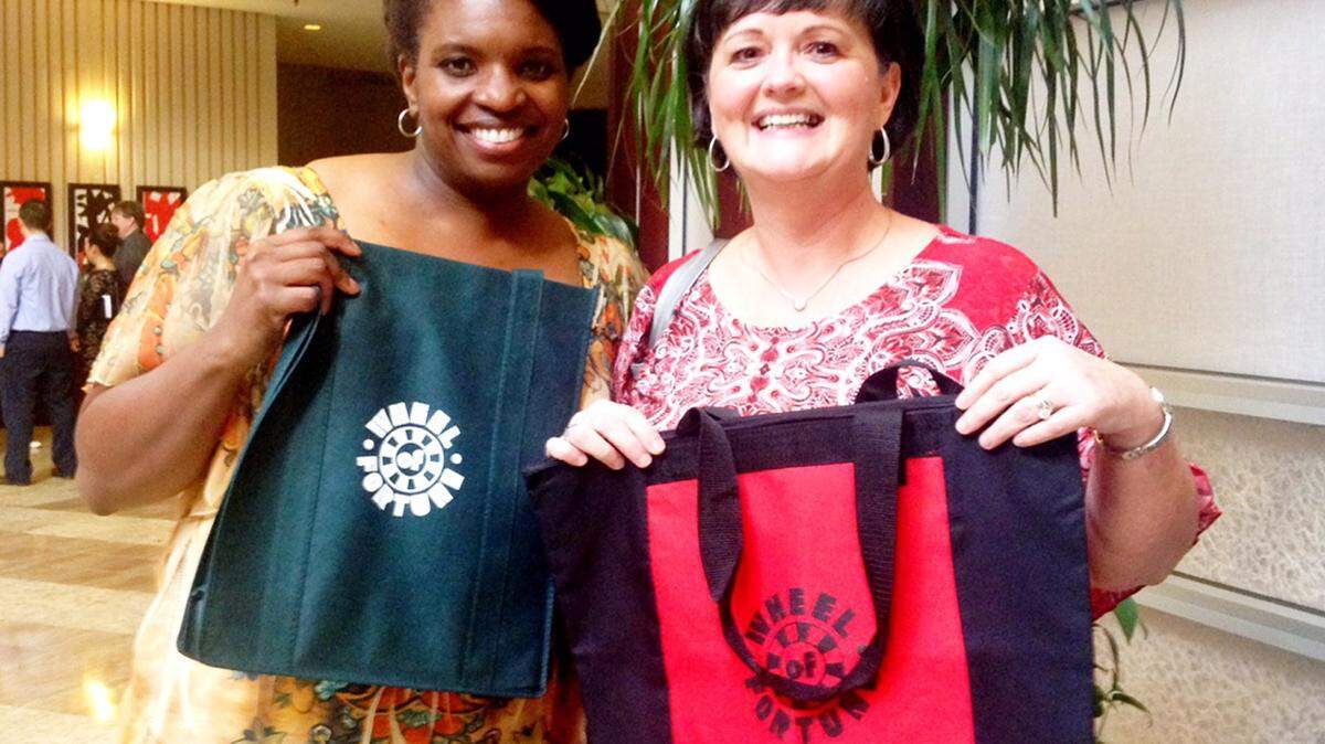 Jan Morton, right, and Jan Leary pose for a photo in Atlanta in June 2013 right after their audition to appear on "Wheel of Fortune."