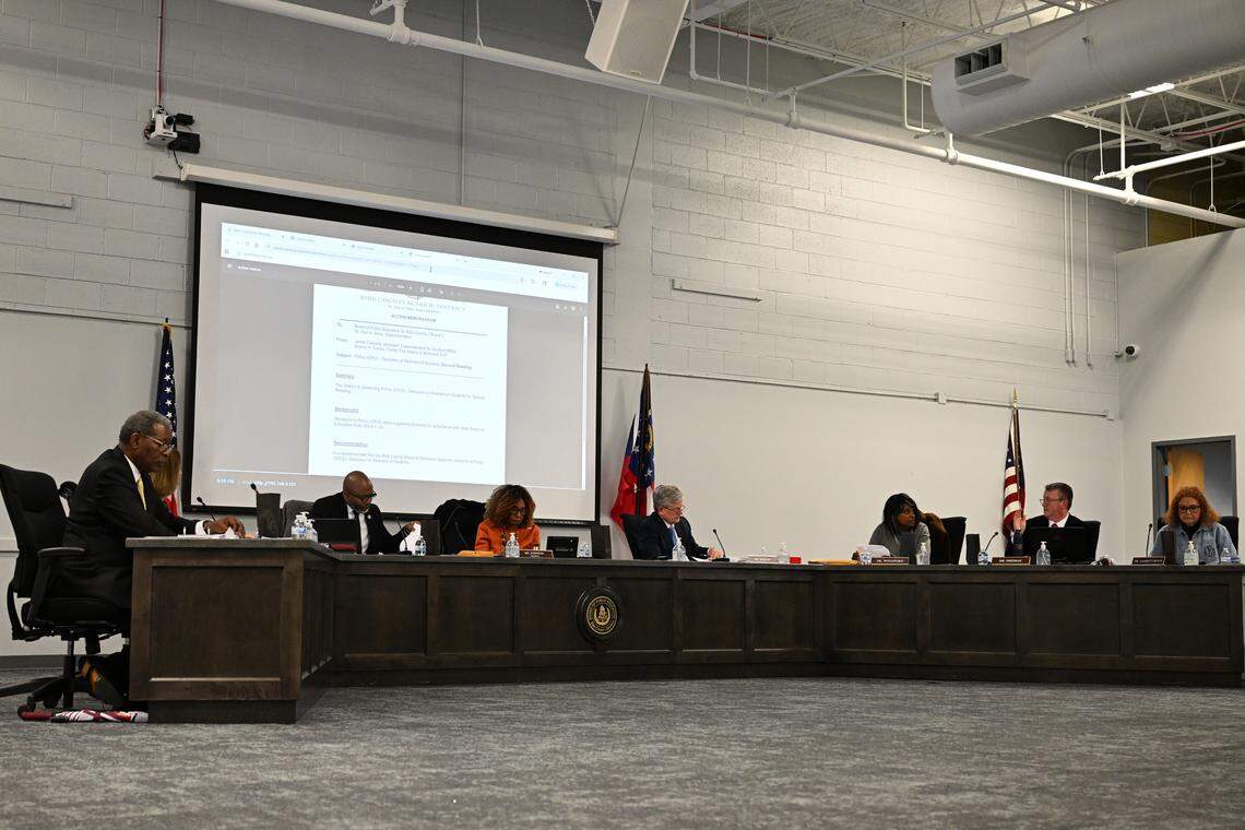 The Bibb County Board of Education discusses a 2026 budget amendment at their January meeting on Thursday, Jan. 15, 2026, at the Bibb County Professional Learning Center in Macon, Georgia. The board passed a proposed budget amendment at their January meeting without an unspecified $1.2 million cost reduction and will revisit the reduction next month once there are more details. 