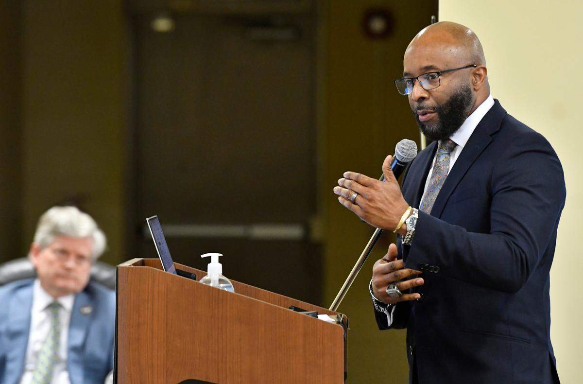Incoming Bibb County School Superintendent Dan Sims speaks to members of the Bibb County Board of Education after they voted 6-2 to approve his hiring.