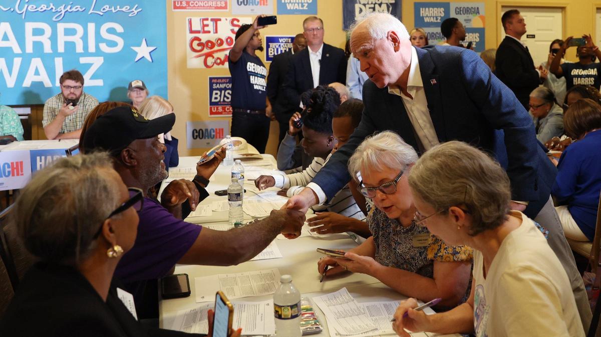Minnesota governor and Democratic vice presidential candidate Tim Walz speaks with phone bankers at the Macon-Bibb County Democratic Committee office on Tuesday, Sept. 17, 2024, in Macon, Georgia. Walz visited the office on National Voter Registration Day and spoke on the phone with potential Middle Georgia voters as a part of his Macon campaign stop.