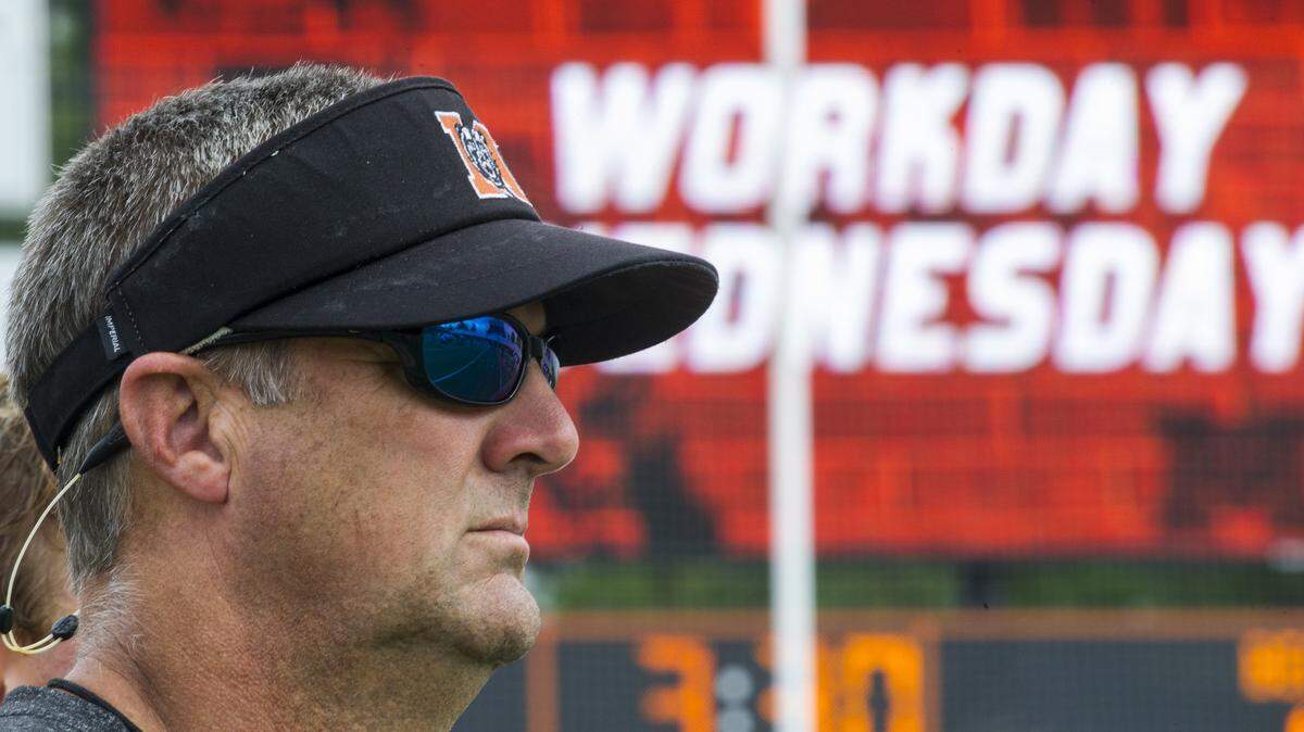 Mercer’s head football coach Bobby Lamb at practice earlier this season