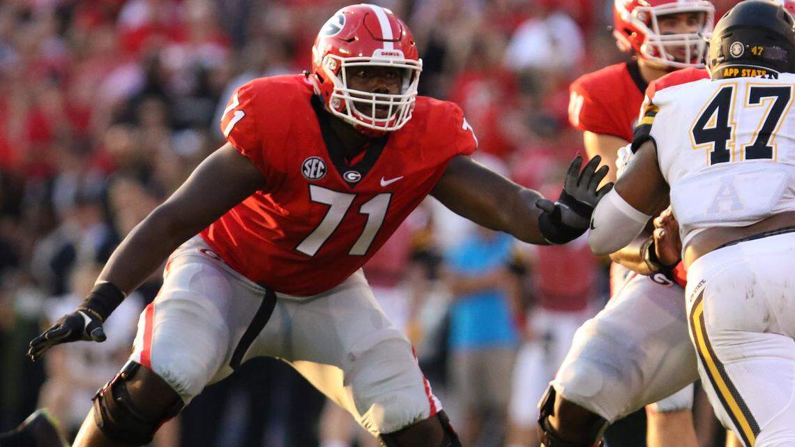 Georgia offensive lineman Andrew Thomas (71) during the Bulldogs game against Appalachian State at Sanford Stadium in Athens, Ga., on Sept. 2.