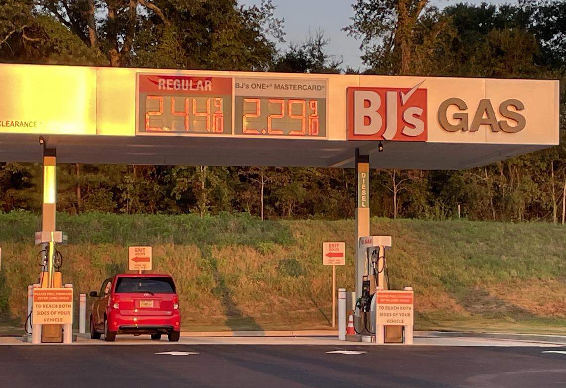 Members can fill up at new BJ’s Wholesale Club off Watson Blvd. Friday morning, Sept. 12, 2025, gas prices for members started at $2.44 a gallon for regular unleaded and for members with a BJ’s One+Mastercard, the starting price was $2.29 a gallon for regular unleaded.
