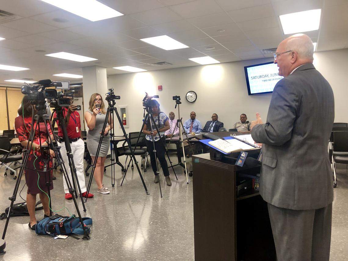 Bibb County Sheriff David Davis as a Monday news conference describing Saturday night’s violence in west Macon.