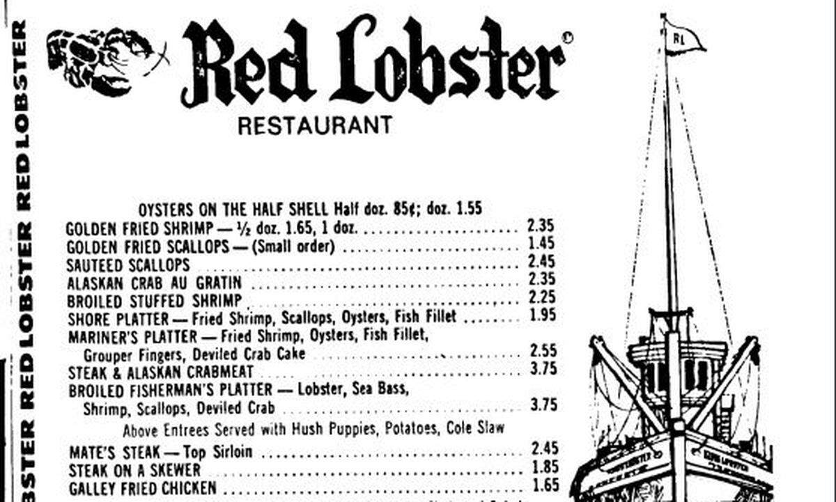 A Red Lobster newspaper advertisement listing some of its menu items in May 1972.