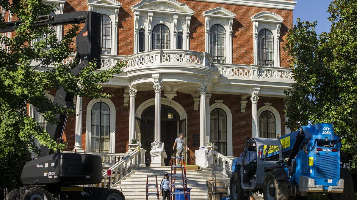 A production crew works on the Hay House grounds Aug. 12, 2015.