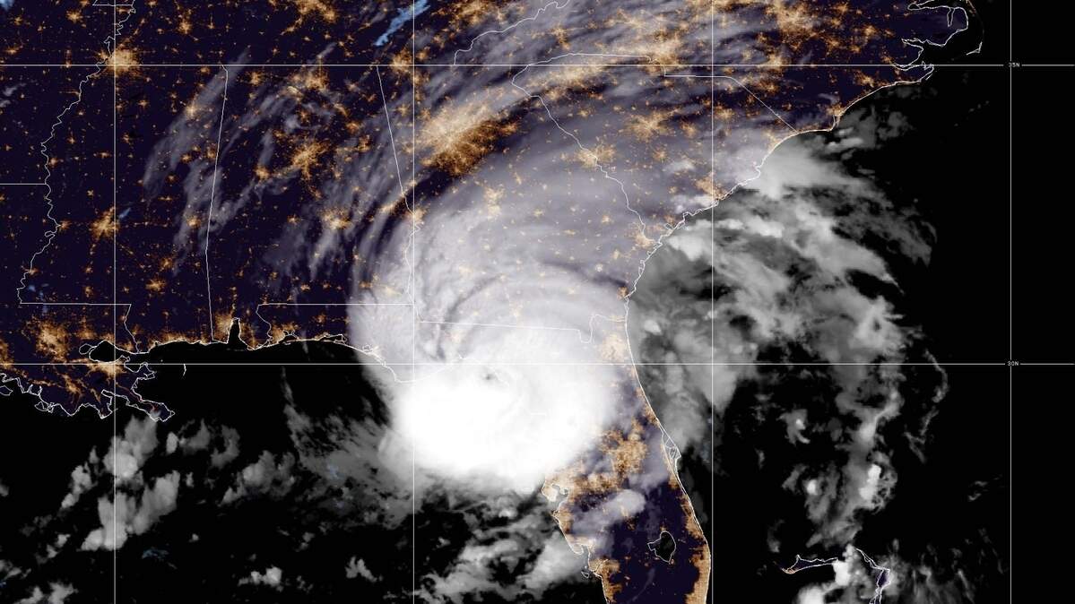 This image from NOAA shows Hurricane Idalia as the now-Category 4 storm is on the verge of making landfall in Florida.