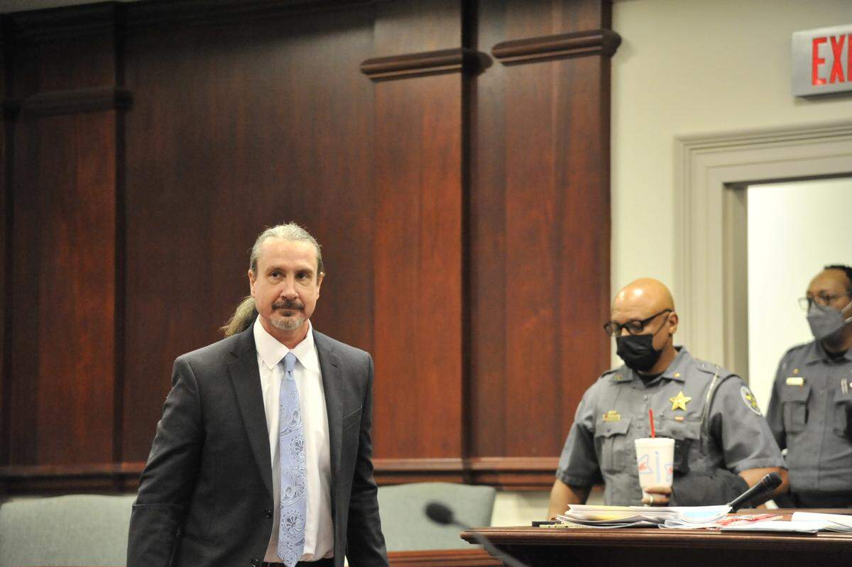 Marcus Lillard walking into Baldwin County Superior Court on Wednesday, April 6, 2022, on the second day of testimony in his murder trial in the 2019 death of his girlfriend, University of Georgia entomology professor Marianne Shockley.