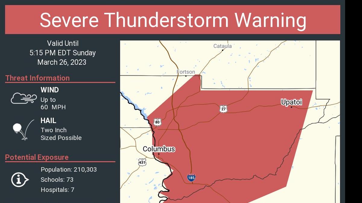The National Weather Service is warning Columbus residents to stay indoors as a severe thunderstorm that could drop hail up to 2 inches in diameter moves through the region.