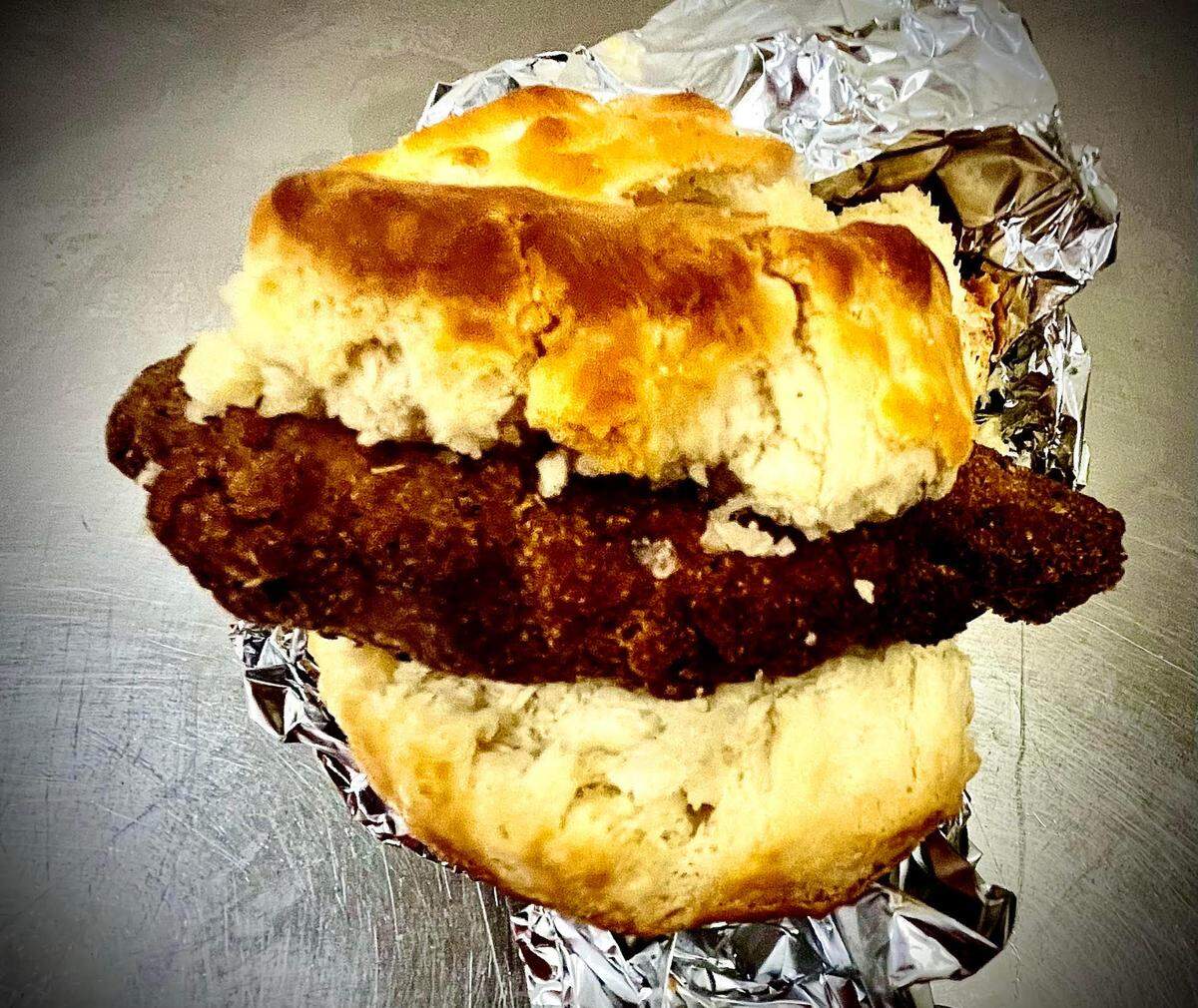 A country fried steak biscuit at Keene’s Kafe in Macon. Described on the menu as “country fried steak served on a fluffy cat headbiscuit.”