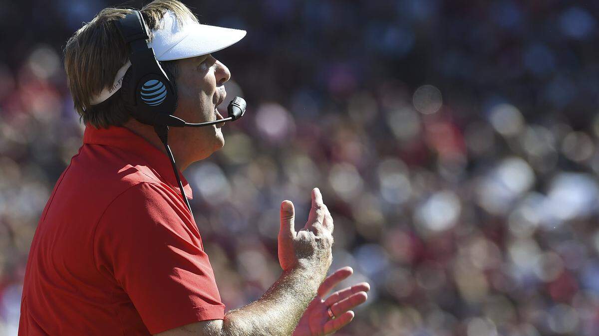 Georgia head coach Kirby Smart reacts on the sideline during the first half of an NCAA college football game against South Carolina on Oct. 9, 2016, in Columbia, S.C.