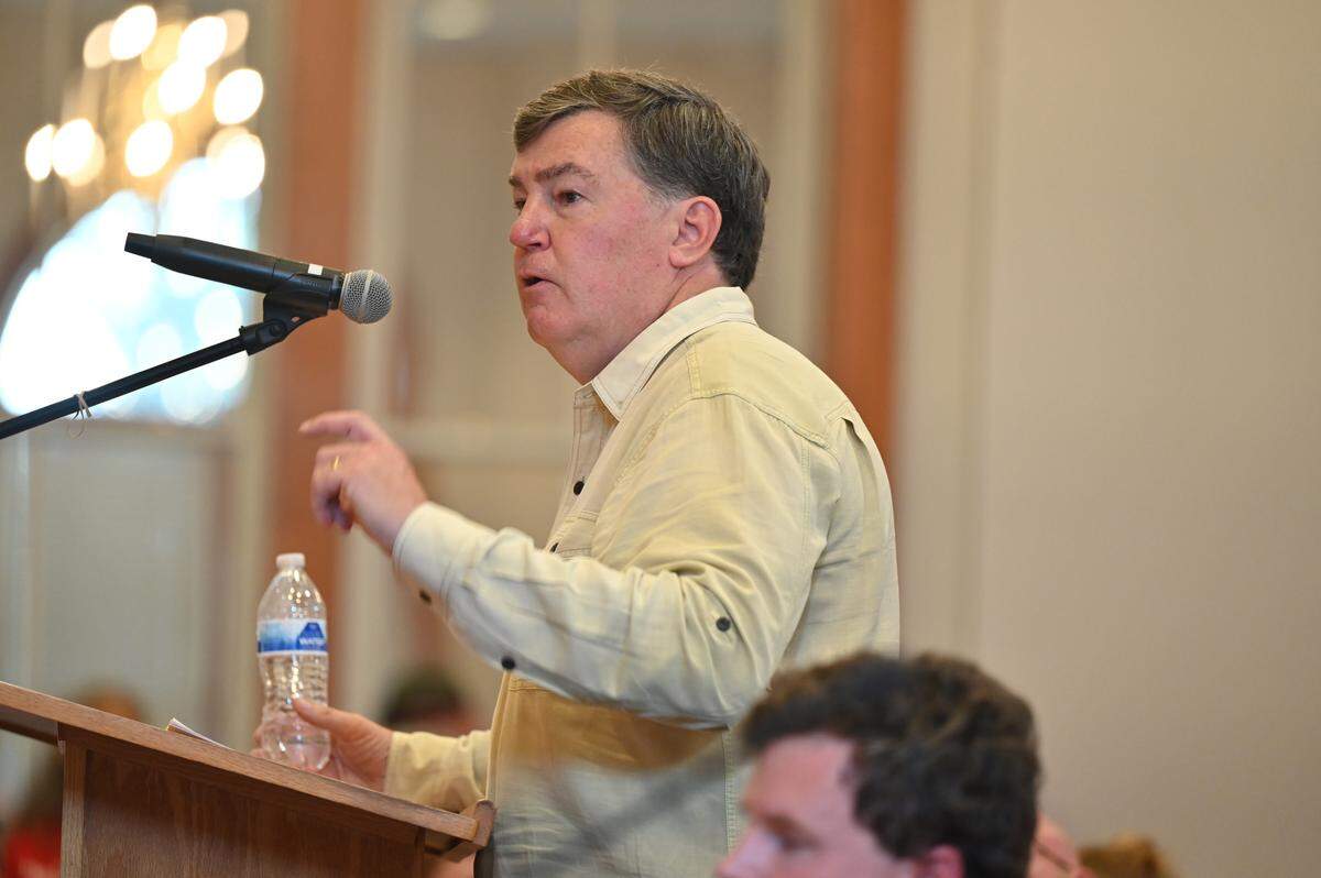Ken Loeber of Eagle Rock Partners speaks to county commissioners at the Twiggs County Courthouse in Jeffersonville, Ga. Charlotte-based Eagle Rock Partners is the project developer for the proposed Twiggs County data center, which would consist of nine buildings and three substations.