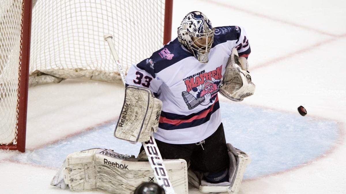 Macon Mayhem goalie Garrett Bartus (33) leads the SPHL in save percentage, stopping 92.9 percent of the shots he faces.