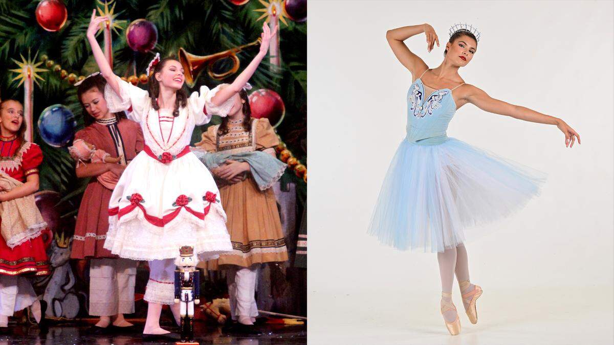 Roxy Shackelford, a professional dancer with the Saint Louis Ballet, in her costume as Clara in 2012 (left) and in costume in 2022 (right). Shackelford briefly returned to Macon to teach dance and perform in the 2022 edition of the Nutcracker.