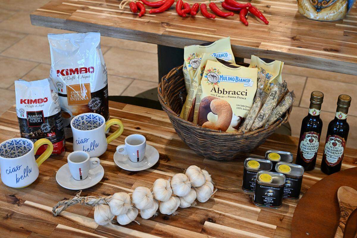 Italian Mulino Bianco cookies, Kimbo Coffee and other Italian products on display inside of the new Ciao Bella Market in downtown Perry.