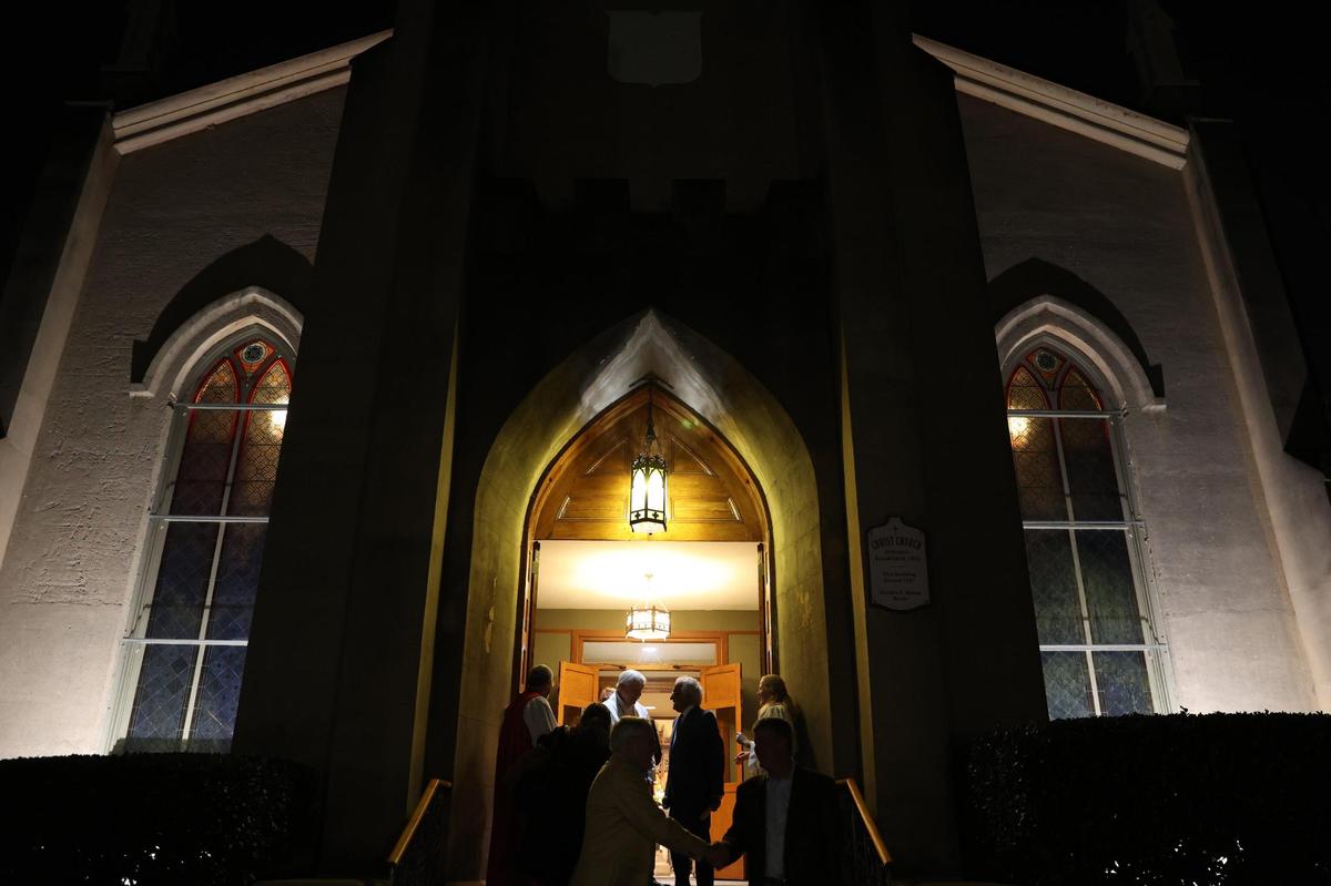 Attendees exit Christ Church at the conclusion of its bicentennial service on Thursday, Feb. 27, 2025, in Macon, Georgia. Christ Church marked the 200th anniversary of its founding with a celebratory service that included top church leadership from the Episcopal Archdiocese of Atlanta, church members as well as faith and local leaders from Macon.