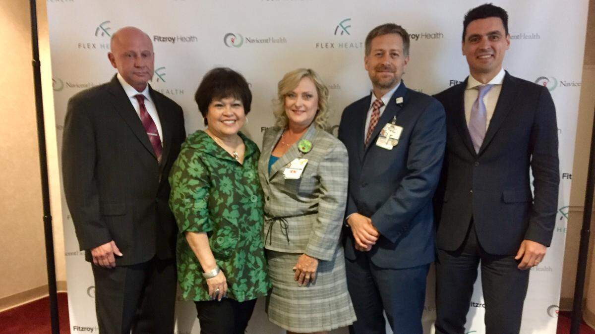 From left to right: CEO of Flex Health Greg Sanchez, President and CEO of Navicent Health Ninfa Saunders, Chief Nursing Executive of Navicent Health Tracey Blalock, Chief Strategy and Innovation Officer of Navicent Health Chris Cornue, and Managing Director of Fitzroy Health James Nicholls.