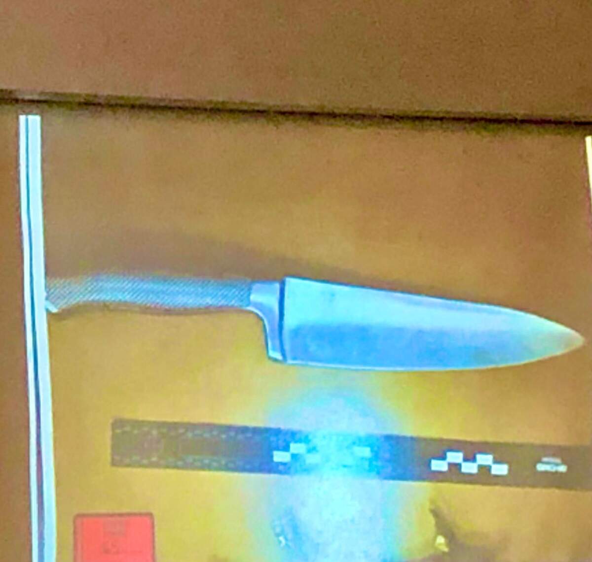 A Cuisinart chef’s knife, a possible murder weapon, that detectives found in a Jeep SUV driven by Anthony Douglas Shoffner Jr. in the hours after Shoffner’s mother and stepfather were found stabbed to death at their Houston Lake Road apartment in March 2020. The knife was shown to jurors at Shoffner’s murder trial, which began June 6, 2022, in Houston County.