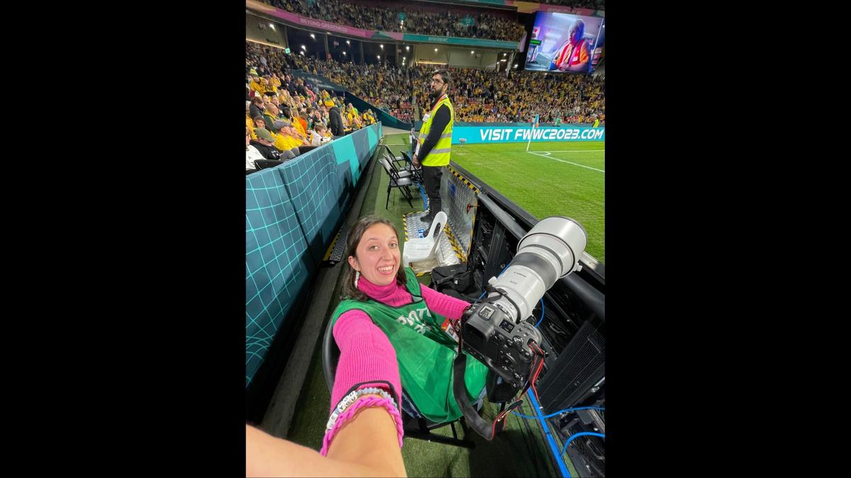 Katie Tucker poses from the side of the pitch at the FIFA Women’s World Cup match between Australia and Nigeria on Thursday, July 27, 2023, in Brisbane, Australia.