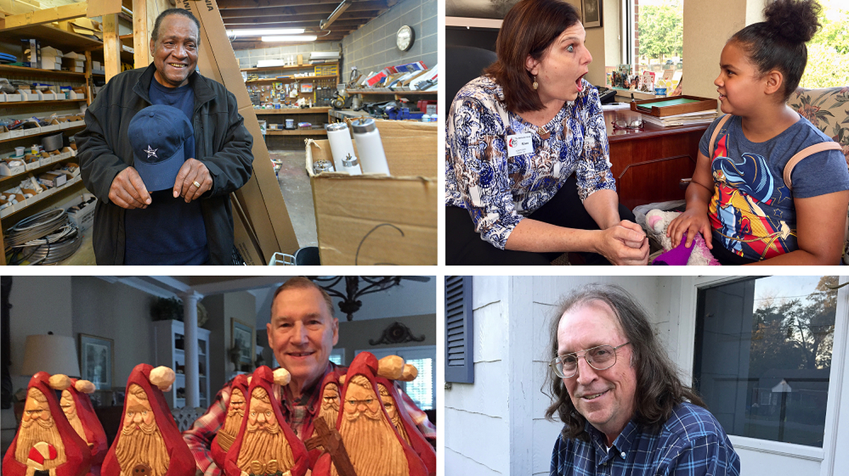 Clockwise from top left: Prentice Robinson, beloved Stratford custodian who died in October; Alison Evans, head of Methodist Children’s Home; Ralph Clark, refuses to cut his hair until Georgia beats Alabama; and Neil Creter, woodworker who works his magic at Christmastime.