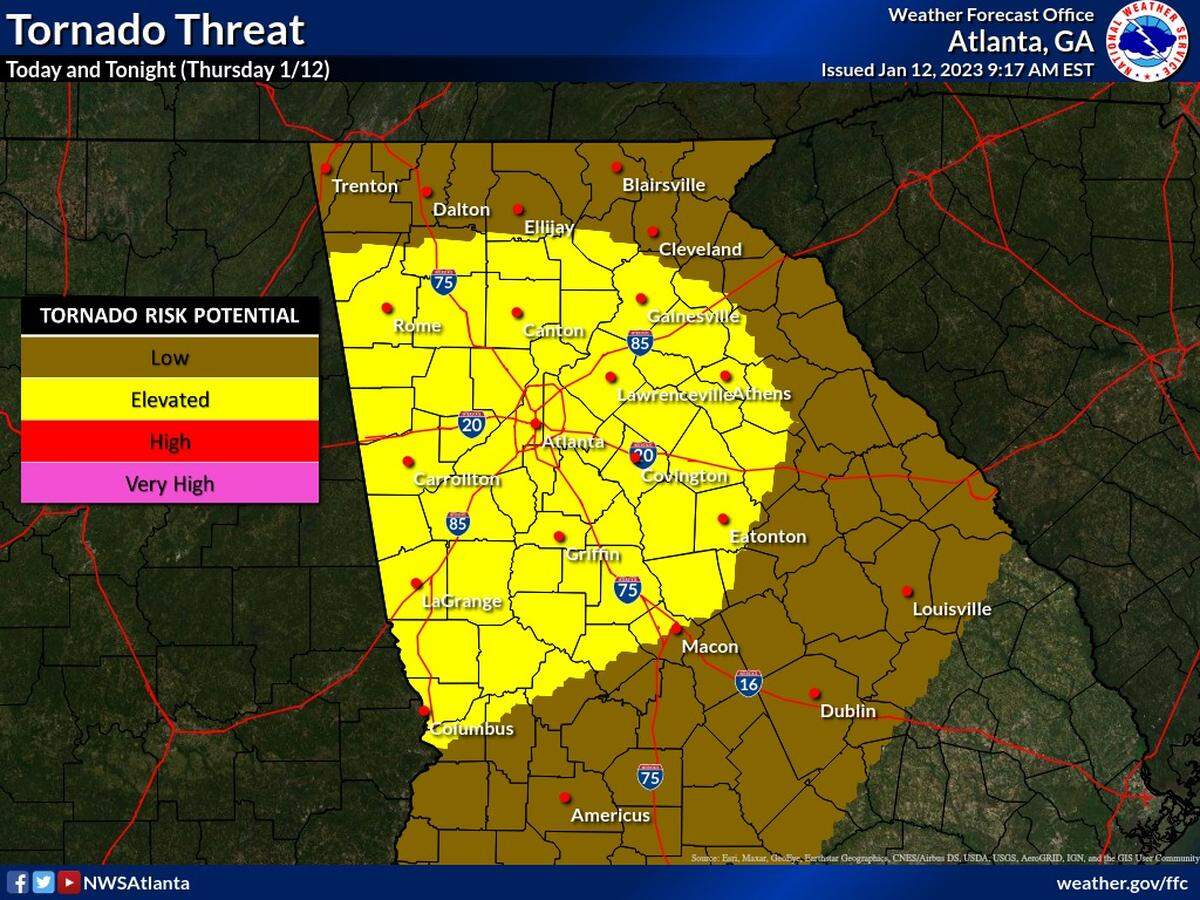 Tornadoes are possible today, Jan 12 in a string of strong storms.