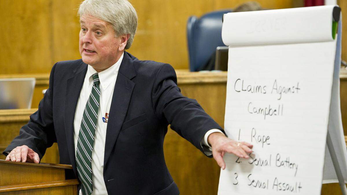 In a civil trial concerning an alleged rape by a former Macon police officer, the plaintiff's attorney Jerry Lumley makes his opening statement to the jury Monday.