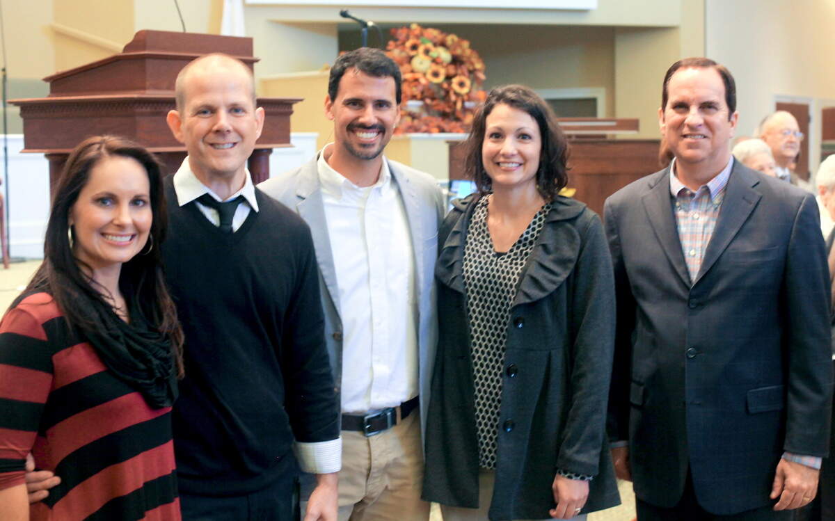 Bonnie and Daniel Hoover and Chad and Shanna Wood, former members of Central Baptist Church, along with Central's pastor, Owen Bozeman. Daniel Hoover returned to lead music, and Chad Wood returned to preach during the church's 60th anniversary celebration Sunday.