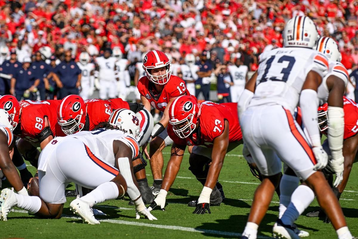Georgia quarterback Stetson Bennett under center Saturday as the Dawgs rolled past Auburn 42-10.