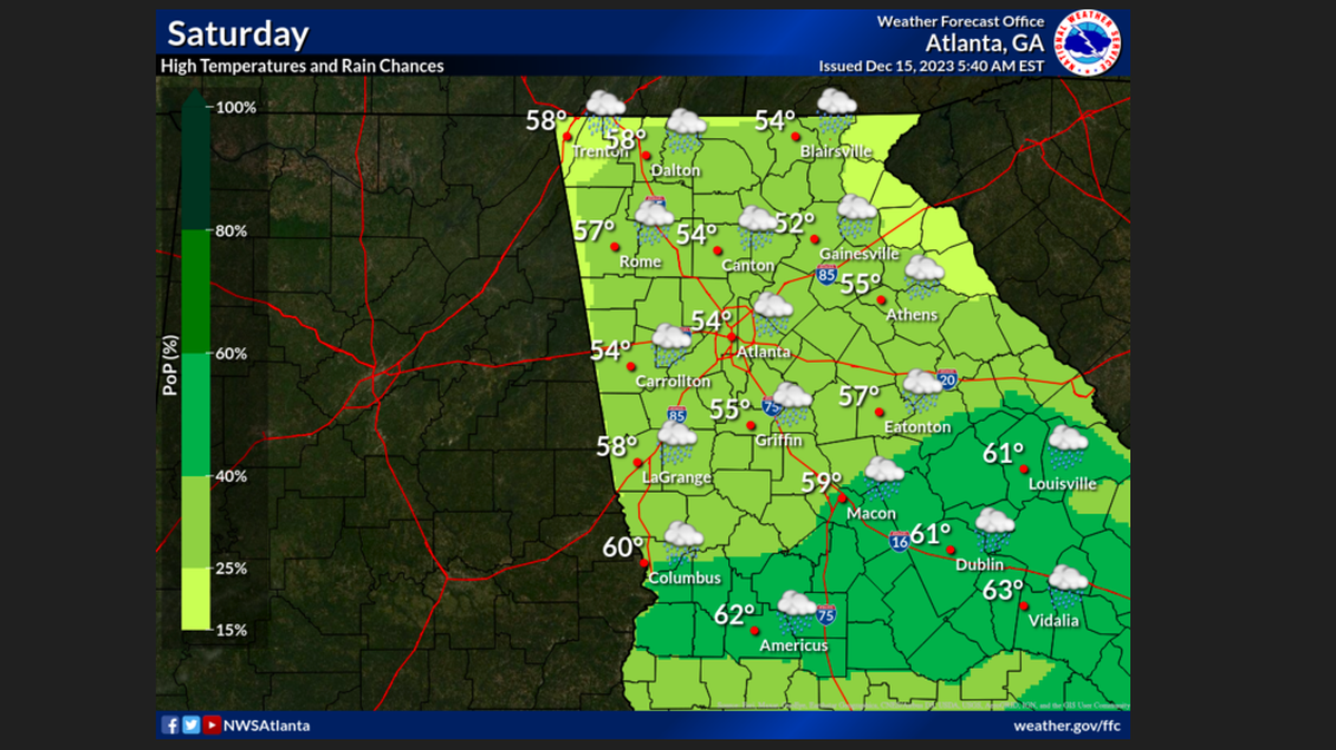Saturday’s rainy outlook for Georgia.