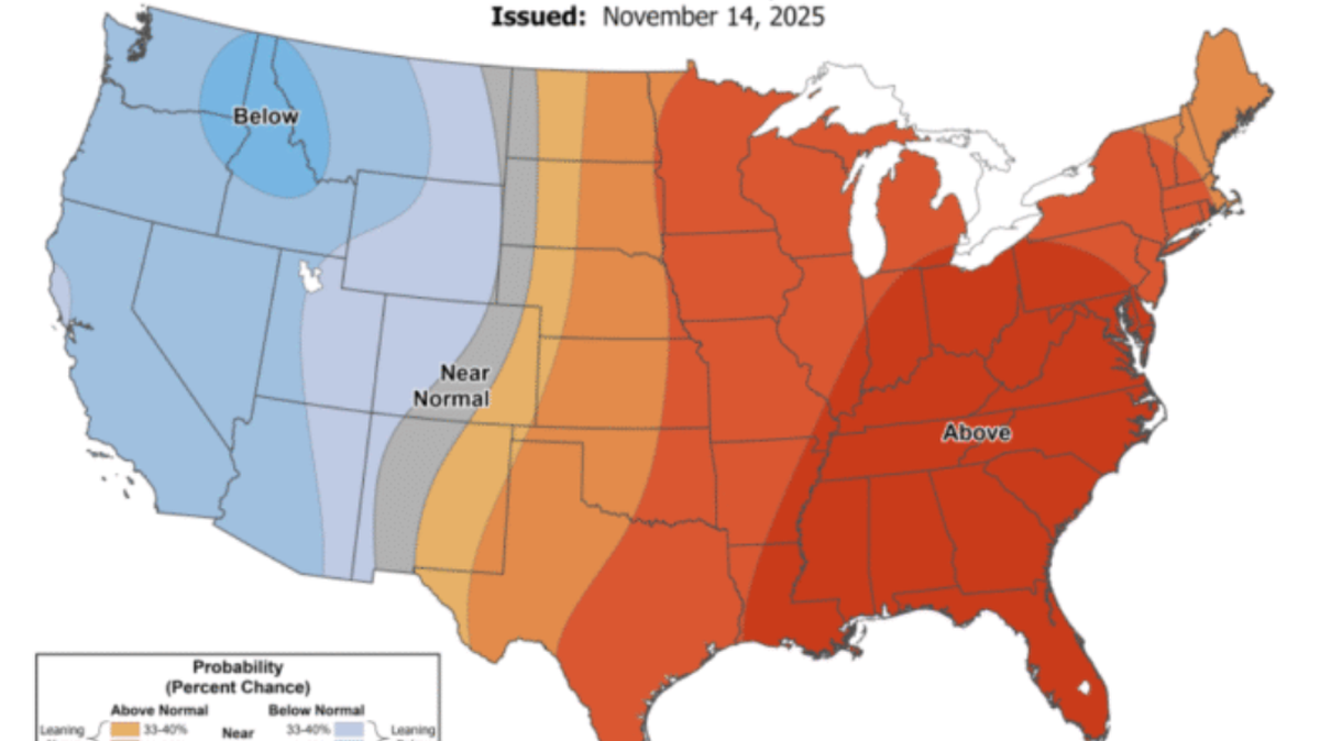 A forecast issued by the National Oceanic and Atmospheric Administration projects warmer-than-average temperatures for Georgia after Thanksgiving and into December, with below-normal precipitation likely and an increased risk of drought expansion.