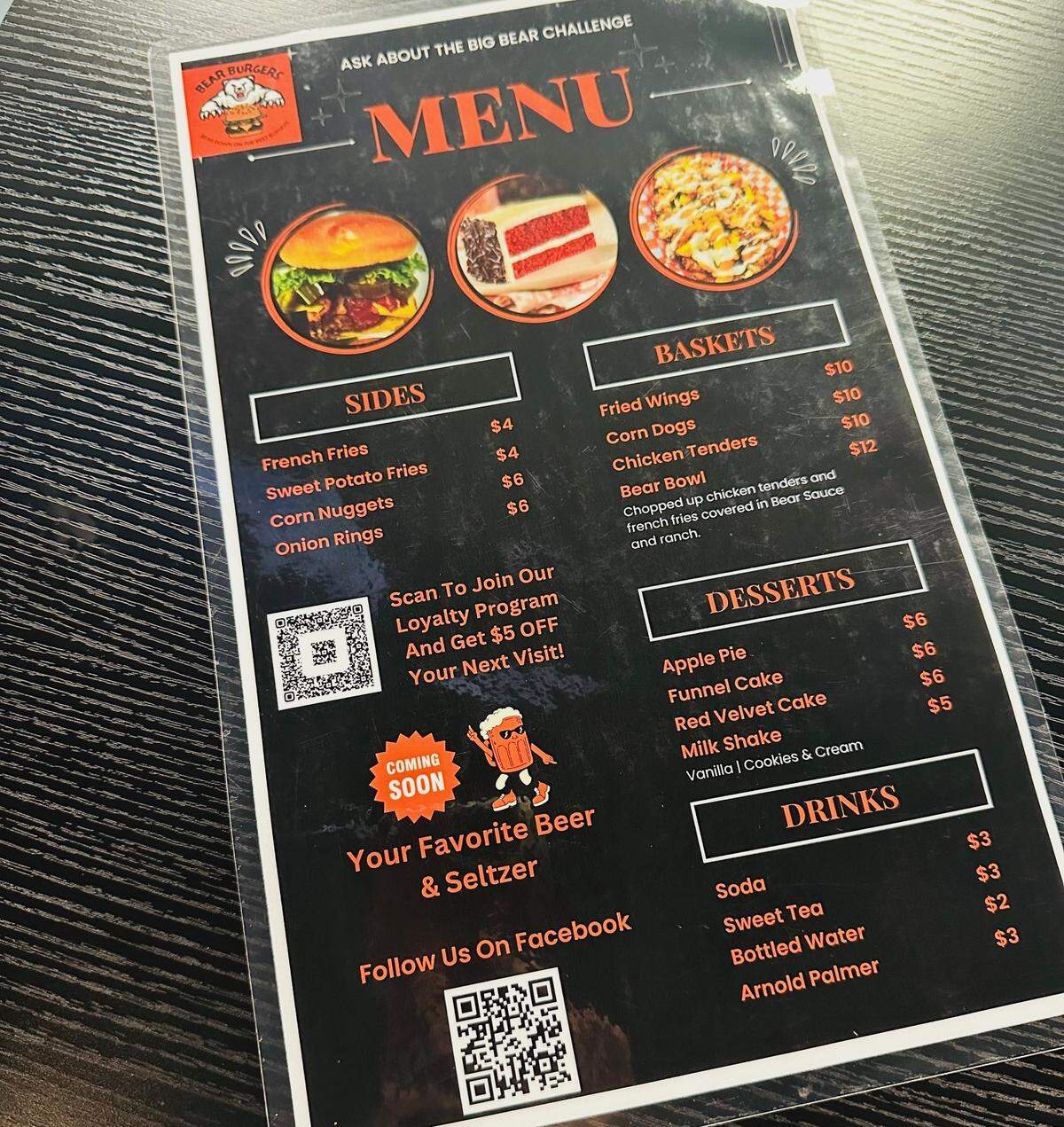 Back side of the menu at Bear Burgers in Macon