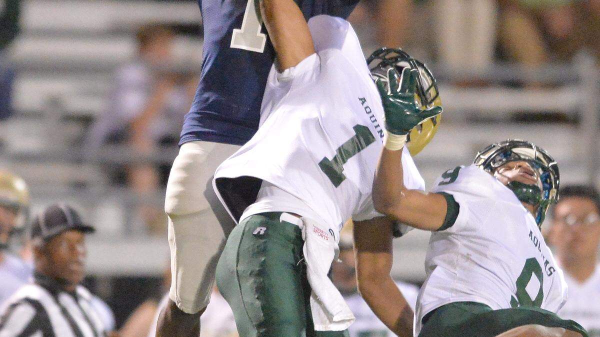 Stratford’s Quintez Cephus hauls in a pass from quarterback Sim Patrick against Aquinas on Friday night.